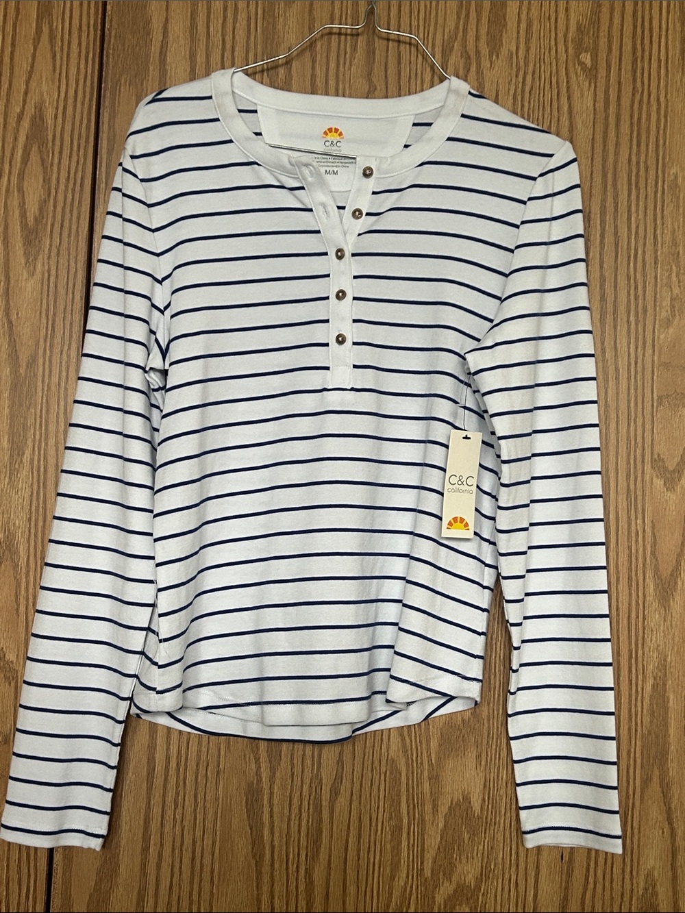 NWT C&C California White Navy Striped Henley Long Sleeve Tee